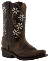 Girl&#39;s Dark Brown Flower Embroidery Western Leather Cowgirl Boots Snip Toe - £43.45 GBP