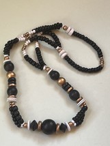 Vintage Black White &amp; Gilt Various Shaped &amp; Sized Wood Beads Necklace - ... - £11.79 GBP