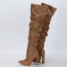 Pleated Thigh High Boots Fashion Pointed Toe Zip Female Stiletto Square Heels De - £55.21 GBP