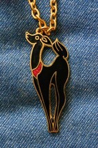 Art Deco Style Black Cloisonne Enamel Reindeer Pendant Necklace 1970s - $14.95