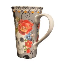 222 Fifth Marbella Skull Coffee Mug Latte Gray Floral Tall Cup  16 oz - $21.78