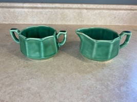 Vintage Green Unmarked Pottery Creamer And Open Sugar Bowl - £9.48 GBP