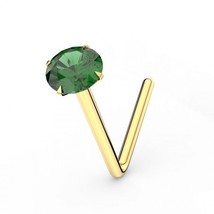 Four Claw 2mm Round Emerald Solitaire 9K Solid Gold 6mm L-Shaped Nose Stud 22G - £43.86 GBP