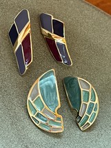 Lot of Trifari Signed Green &amp; Gray Enamel Crescent &amp; Blue Purple &amp; Dark Gray - £14.80 GBP