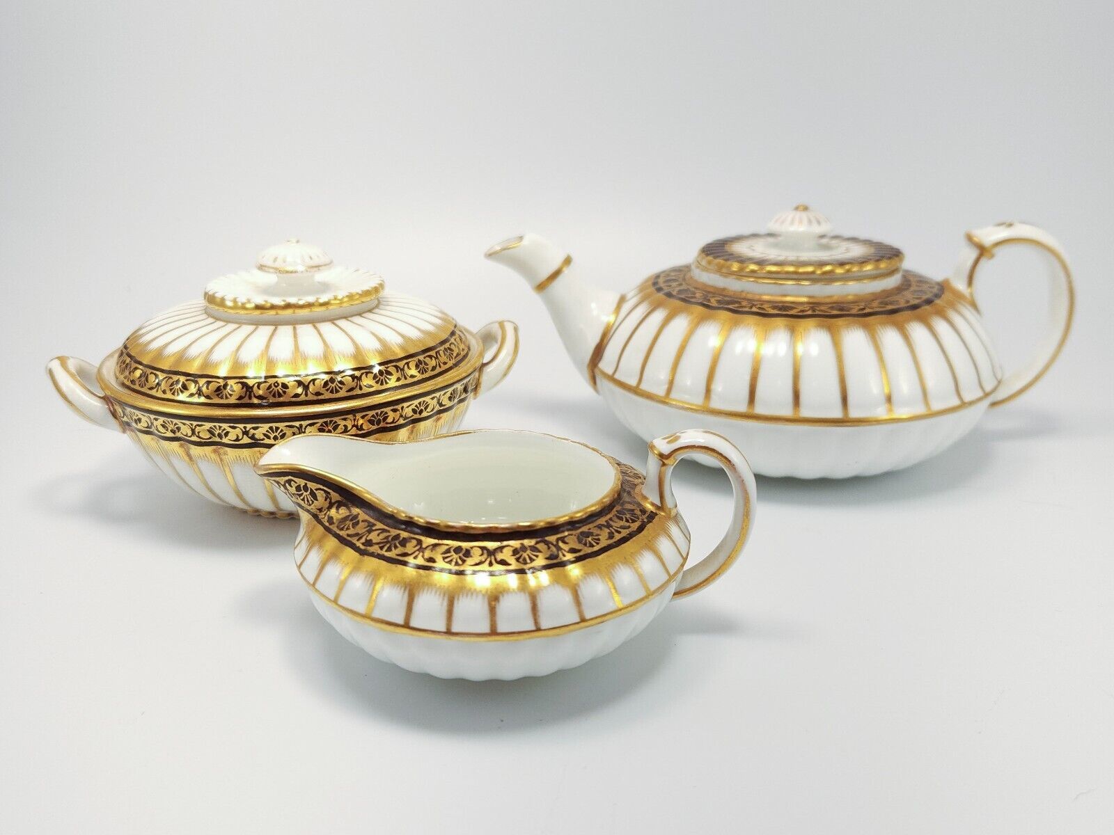Primary image for Wedgwood Bachelors Tea Set White Gold Mini Teapot Creamer Sugar Bowl Antique