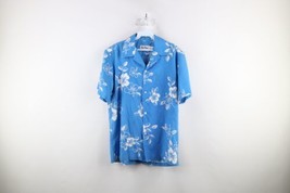 Vintage 70s Streetwear Mens Medium Faded Flower Hawaiian Button Shirt Blue USA - £43.48 GBP