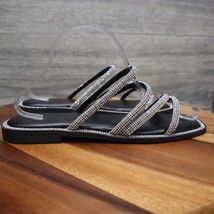 H2K Sandals Womens 9 Black Iris Rhinestones Straps Open Toe Slip on Flats - $24.73