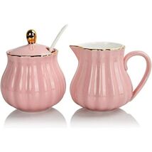 SWEEJAR Porcelain Royal Pink Sugar Creamer Set 3-Pc Lid Spoon Kitchen Gi... - $712.01 MXN