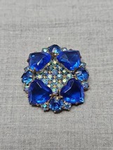 Vintage Carbon Blue Floral Heart Shape Pin Pinback Brooch, 1.5&#39;&#39; Diameter - £22.41 GBP