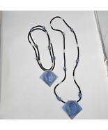 Handmade Beaded Necklaces (2) Blue Painted Portrait Pendant Black Gold Tone - $475.79 MXN