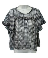 Zara Navy Blue White Gingham Sequin Flutter Sleeve Sheer Peplum Blouse s... - $432.17 MXN