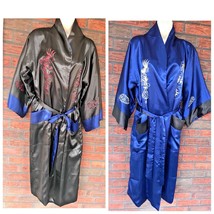 Asian Kimono One Size Reversible Blue Black Satin Full Long Length Robe ... - $61.75