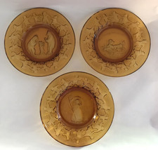 Vtg Amber Glass Plates Set 3 Nursery Rhyme Childs Luncheon Snack Plates Tiara - £14.19 GBP