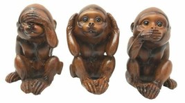 Ebros Faux Wood See Hear Speak No Evil Monkeys Three Wise Ape Figurine Set - £16.88 GBP