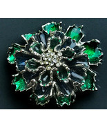 Vintage Rhinestone Floral Green Pin Brooch Signed &quot;Sunflower&quot; Made in Th... - £12.84 GBP