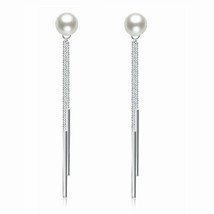 925 Sterling Silver 8mm Pearl Bar &amp; Chain Drop Dangly Stud Earrings Studs Drops - £96.91 GBP