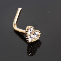 14K Gold-Plated Lab-Created Moissanite Mini Heart L-Bend Nose Hoop Stud Pin 20G - £14.66 GBP