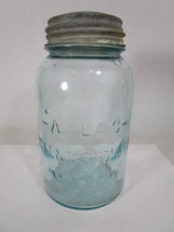 Atlas Mason Jar Strong Shoulder Mason Quart Blue Tint Glass Genuine Zinc Lid Vtg - £11.86 GBP