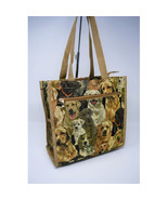  Tapestry Tote Bag   Puppies Print - Light Brown Shopper Tote Front Zipper - $30.99