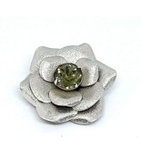 Rose Green Rhinestone Silver Tone Metallic Pendant Brooch Pin Vintage EUC - $8.90