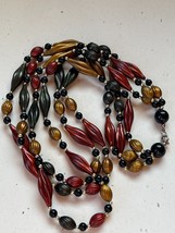 Vintage Triple Strand Dark Green Cranberry &amp; Mustard Twist w Black Round Plastic - £11.90 GBP