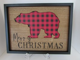 MERRY CHRISTMAS WOOD WALL PLAQUE BEAR SILHOUETTE 13.25 X 10 HOLIDAY DECOR - £11.85 GBP