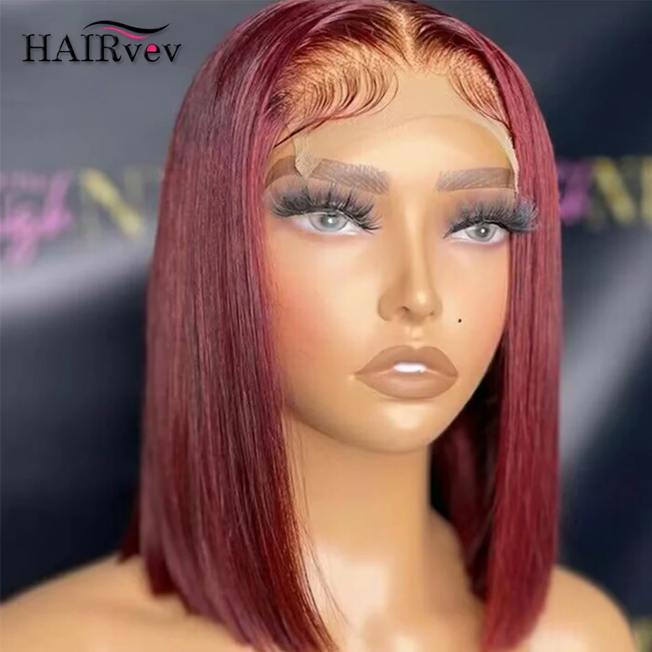 99J Burgundy Short Bob 13x4 Lace Front Wig Human Hair Brazilian Straight - £67.06 GBP+