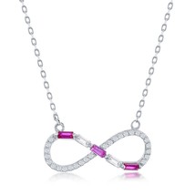 Sterling Silver Round &amp; Baguette CZ Infinity Necklace - Ruby CZ - £33.40 GBP