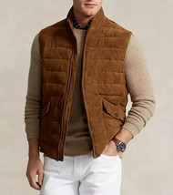 Nuevo chaleco acolchado de cuero de gamuza marrón para hombre hecho a ma... - $124.81+