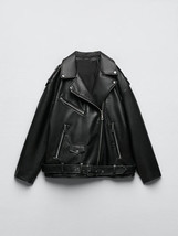  Women Loose Motorcycle Biker Black Pu Faux Leather Jacket with Belt Spr... - $135.99