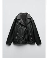  Women Loose Motorcycle Biker Black Pu Faux Leather Jacket with Belt Spr... - $2,588.95 MXN