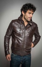 Leather Casual Classic Genuine Lambskin Slim Fit Biker Brown Jacket Men Hoodie - £85.75 GBP+