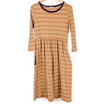 Polagram Ribbed Striped Dress M Womens Retro Orange Blue Pockets 3/4 Sleeve - £15.42 GBP