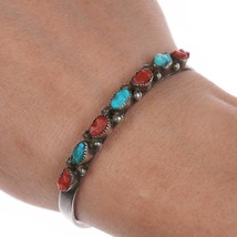 6.25&quot; Vintage Zuni Carved turquoise and coral sterling cuff bracelet - $222.75