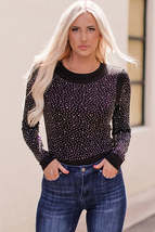 Black Rhinestone O-neck Long Sleeve Bodysuit - £16.85 GBP