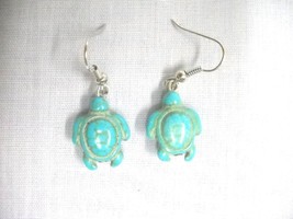 Sea Turtle Light Blue Turquoise Color Gemstone 2 Side Charm Drop Earrings - £4.78 GBP