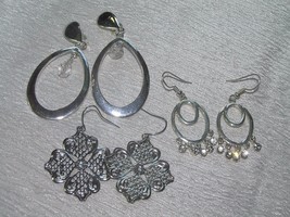 Estate Lot of 3 Silvertone Open Ovals with Clear Rhinestone Plastic Bead Dangle - £9.63 GBP