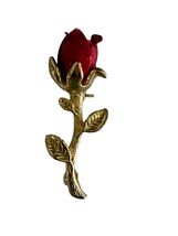 Vintage Red Rosebud Brooch Gold Tone Long Stem Rose Pin Romantic Floral ... - $14.40