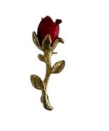 Vintage Red Rosebud Brooch Gold Tone Long Stem Rose Pin Romantic Floral ... - $14.40
