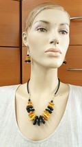 RAW AMBER SET Black Leather Necklace 925 Silver Amber Earrings Rare Women Gift - £185.64 GBP