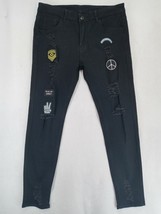 Men&#39;s Jeans Size 35&quot; W x 30.5&quot; L Skinny Black Denim Army Peace Patch Dis... - £11.95 GBP