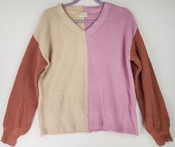 Dee Elly Sweater Womens Small Multi Color Block V Neck Knit Preppy Drop Shoulder - £25.89 GBP