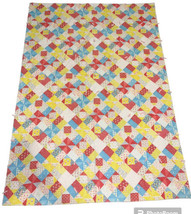Vintage Hand Quilt 1940s blue yellow pink patchwork floral Fabric 58&quot;x 41 1/2&quot; - £21.89 GBP