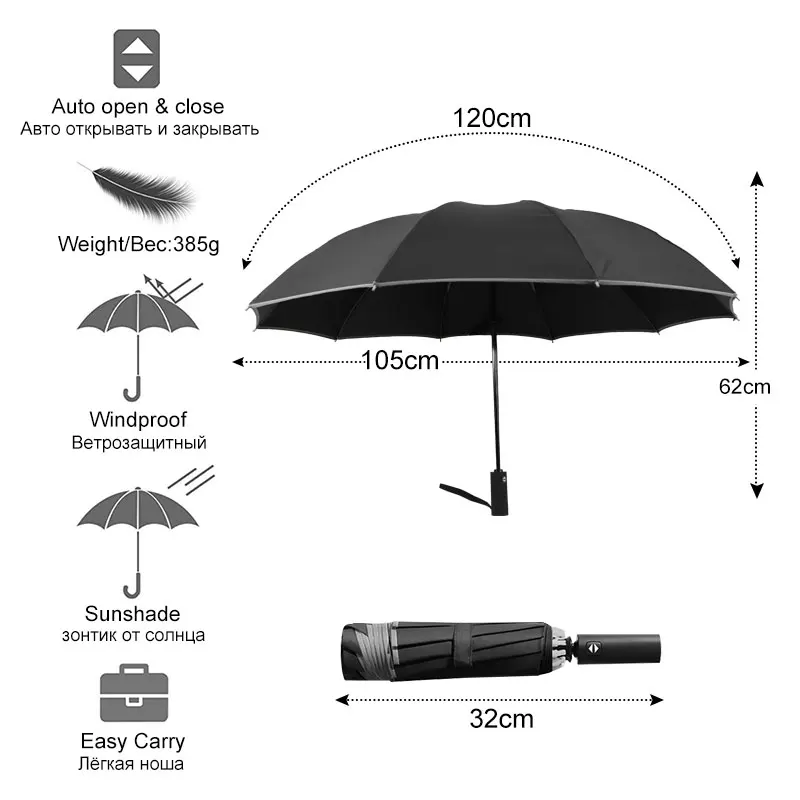 House Home 120cm Big Automatic Quality Double Layer Umbrella Rain 3 Fold Windpro - £47.19 GBP