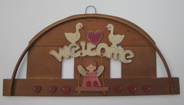 Vintage Rustic Wood Hanging Welcome Sign Ducks/Girl Swinging 18&quot; x 9&quot; Wall Sign - £12.01 GBP