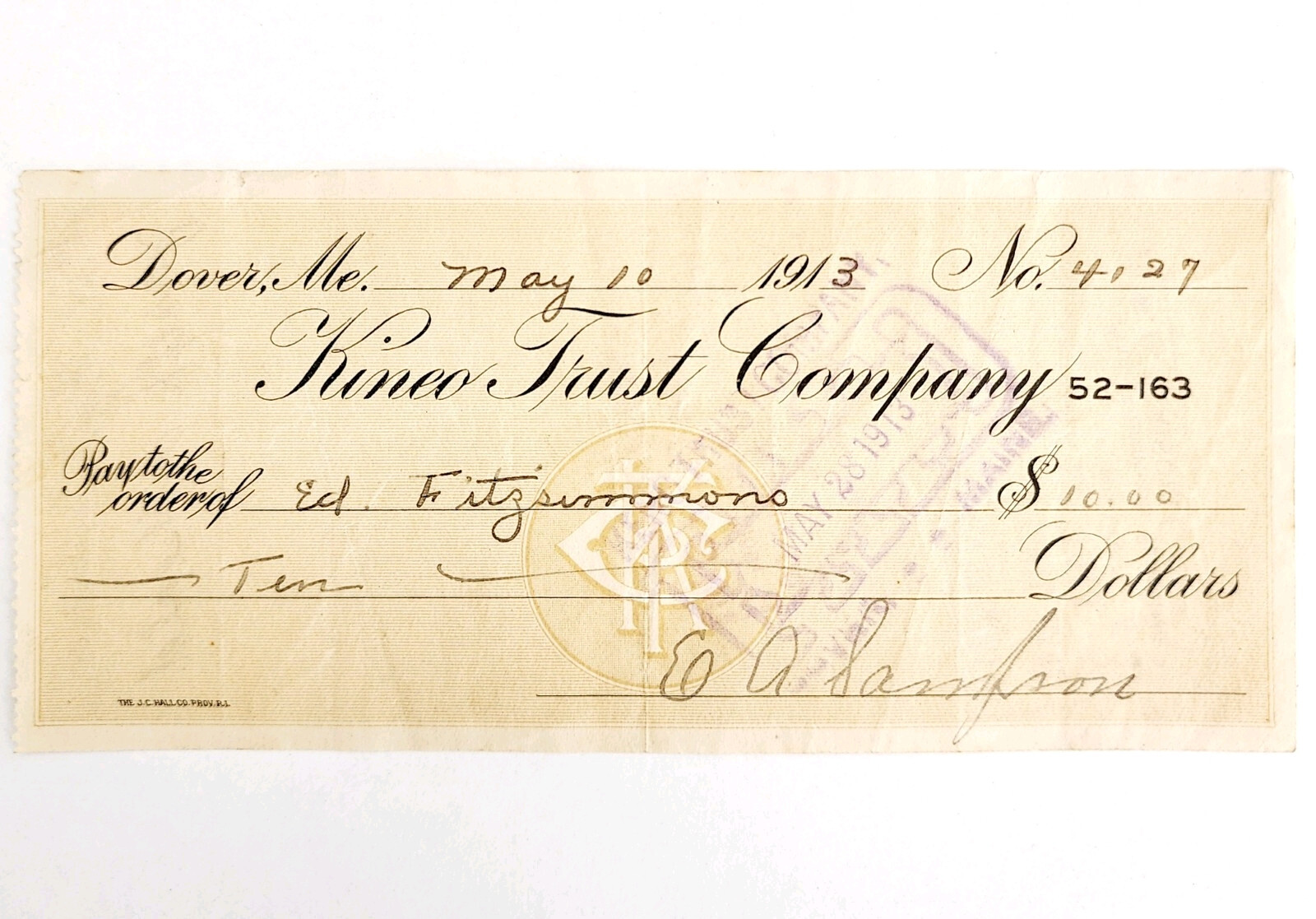 1913 Kineo Trust Company Bank Check E.A. Sampson Dover Maine Signed 4127 CHX6 Item image 2