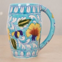 Blue pottery sky blue Mug with Green and yellow flowers - $33.66