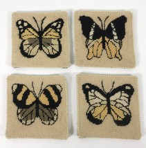 4 Vintage Needlepoint Tapestry BUTTERFLIES Coasters Butterfly Moth Tan B... - £18.61 GBP