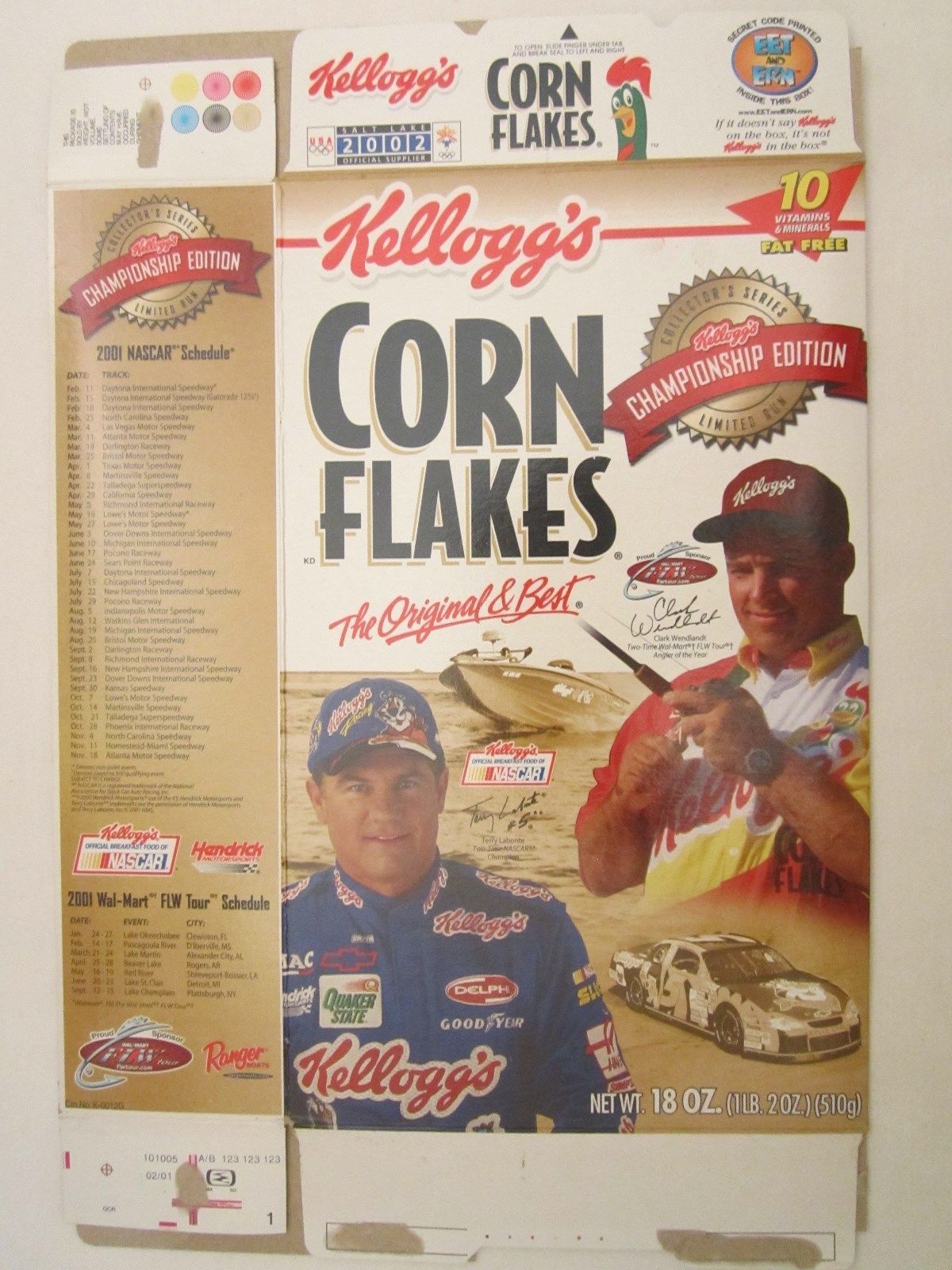 Primary image for Kellogg's Cereal Box 18 oz CORN FLAKES 2001 Clark Wendlandt CHAMPIONSHIP Labonte