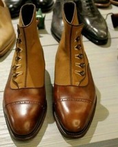 MENS HANDMADE REAL SUEDE LEATHER SHOES TWO TONE TAN &amp; BROWN ANKLE HIGH B... - $216.97 CAD+